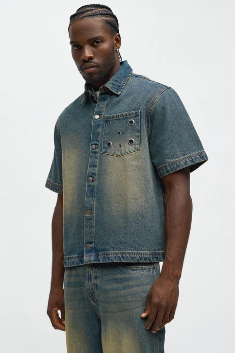 Chemise en jean boutonnée avec détails à œillets - Vintage Blue Wash