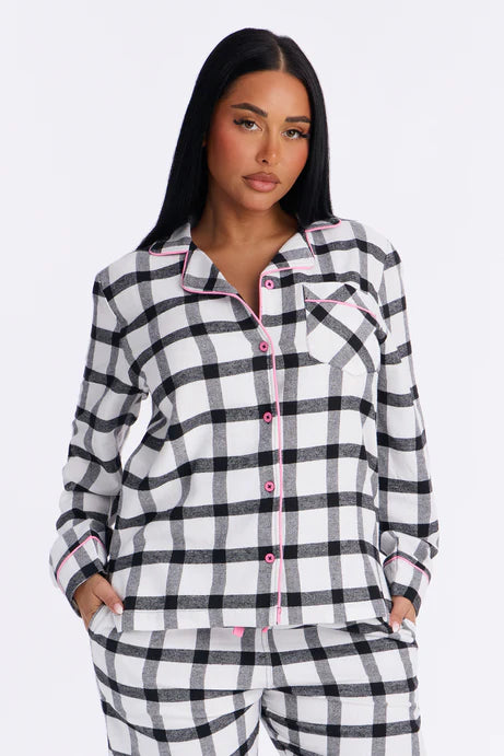 Ensemble de pantalon pyjama à manches longues en flanelle So Chill - Blanc/Noir