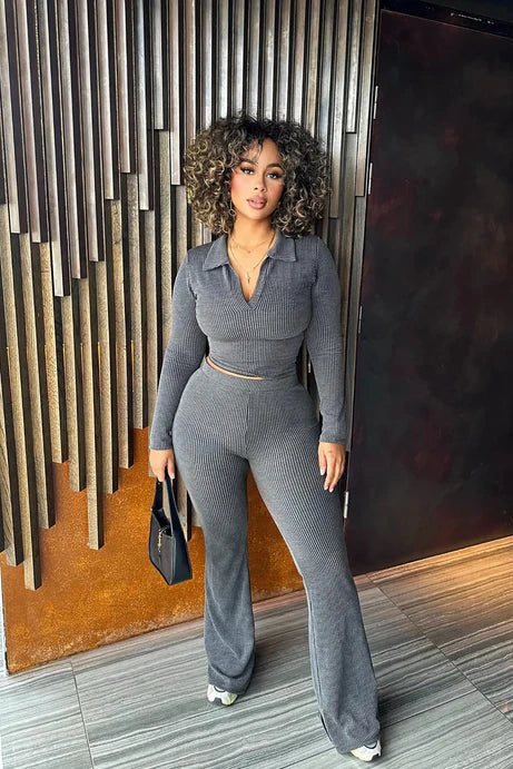 Ensemble à manches longues côtelés Josie - Charbon de bois