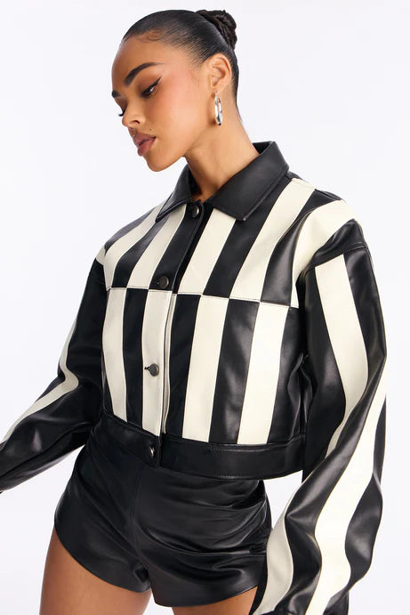 Veste courte en similicuir Get Over It - Noir/Blanc