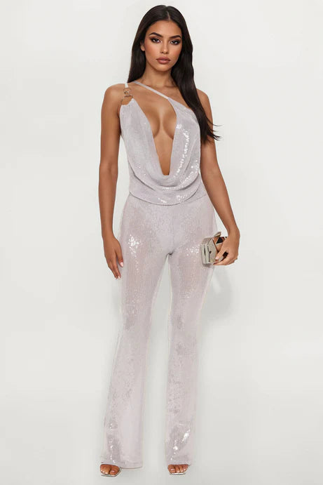 Combinaison à jambes larges à paillettes Maisie - Gris