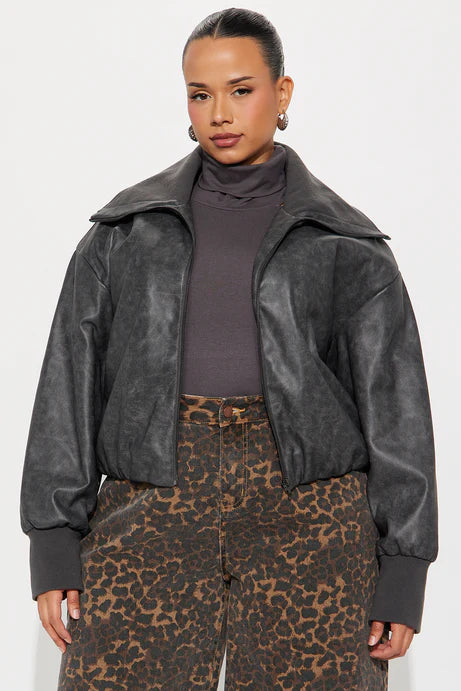 Blouson aviateur en faux cuir lavé True Desire - Charbon de bois