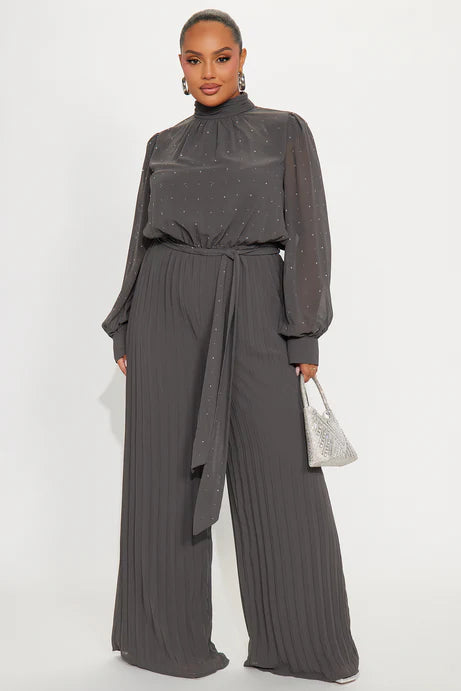 Combinaison à jambes larges à col simulé orné Monica - Gris