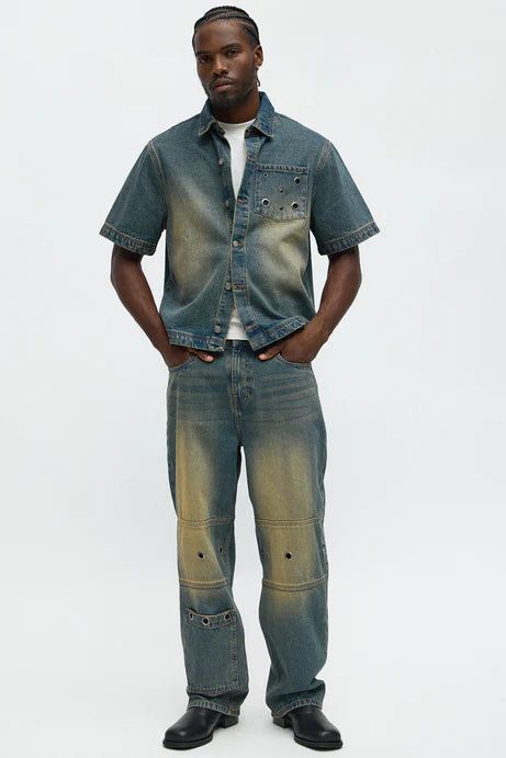 Chemise en jean boutonnée avec détails à œillets - Vintage Blue Wash