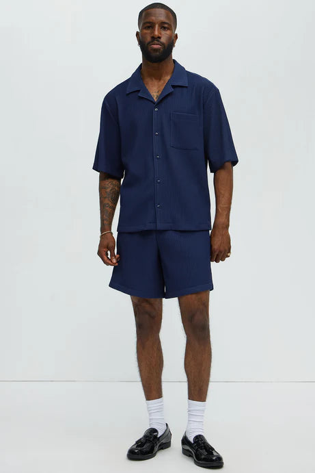 Chemise cubaine à manches courtes - Marine