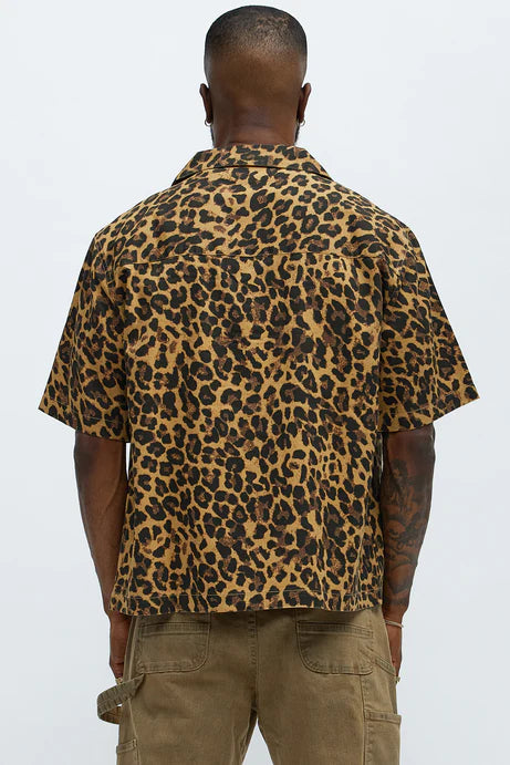 Chemise boutonnée à col cubain imprimé guépard - Tan/Multi