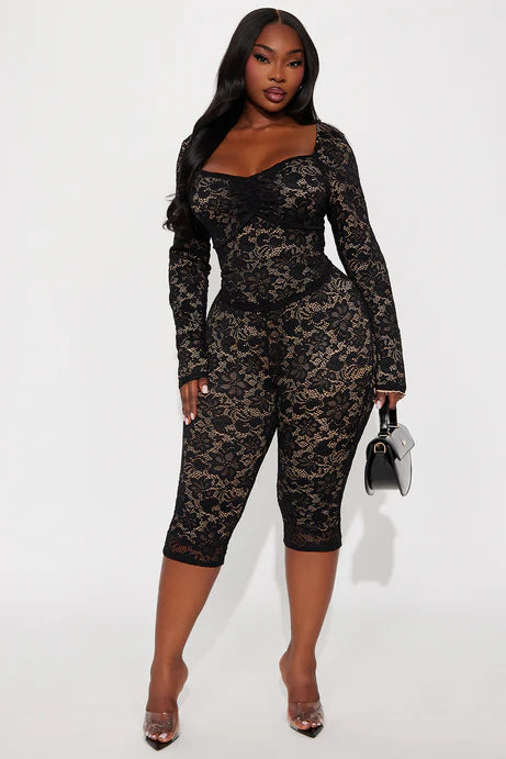 Ensemble Capri à manches longues en dentelle Victoria - Noir