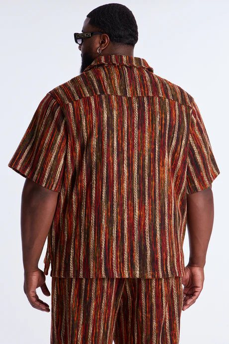 Chemise à manches courtes à col fermé en fil mélangé - Marron/combo