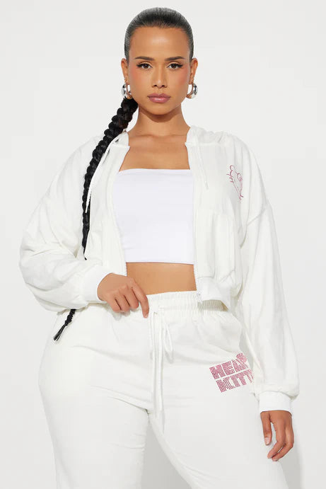 Sweat à capuche zippé en velours strass Hello Kitty - Blanc