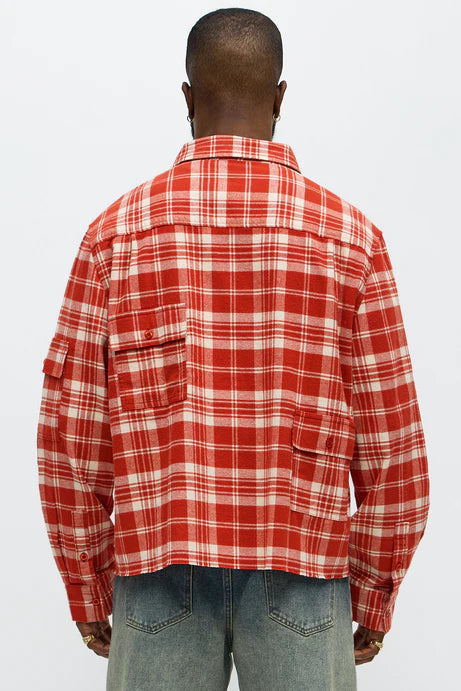 Bouton en flanelle de poche cargo recadrée - Rouge/combo