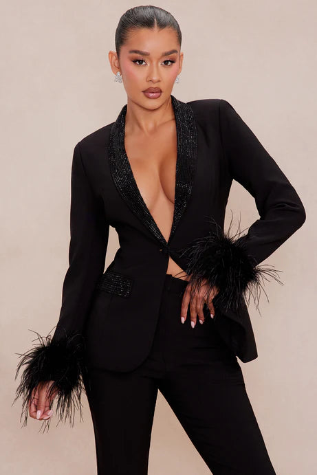 Ensemble blazer en plumes embelli Clarissa - Noir