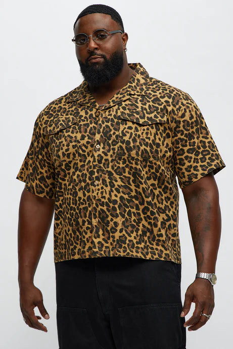 Chemise boutonnée à col cubain imprimé guépard - Tan/Multi