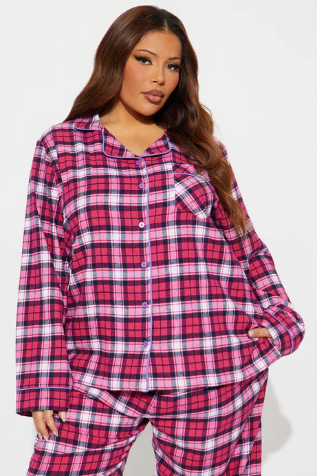 Ensemble de pantalon de pyjama à manches longues en flanelle So Chill - Rose vif/combo