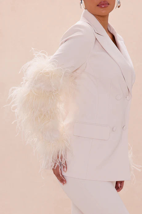 Ensemble pantalon blazer à plumes Miranda - Beige