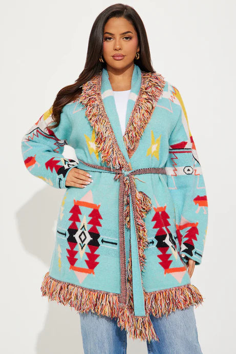 Cardigan à franges Western Day - Bleu/combo