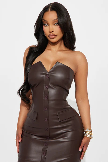 Robe mi-longue en faux cuir Jana - Marron