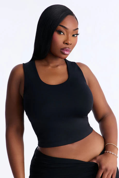 Débardeur à col en U double doublé sans couture - Noir