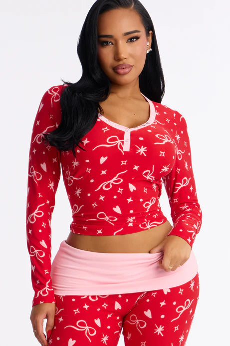 Ensemble de pantalons de pyjama à manches longues à manches longues et évasées - Rouge/combo