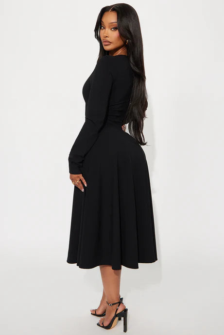 Robe mi-longue à manches longues Alena - Noir