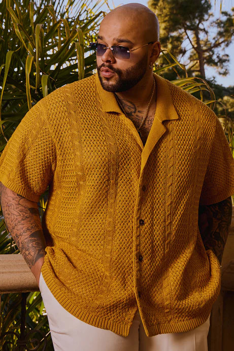 Bouton à manches courtes en tricot à câble à enrouler - Moutarde