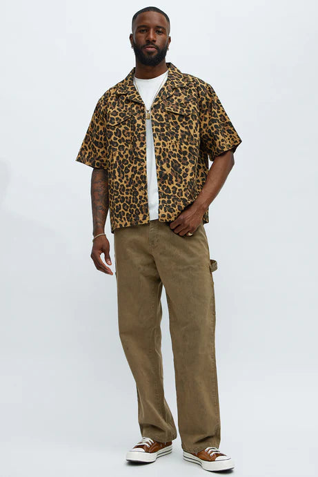 Chemise boutonnée à col cubain imprimé guépard - Tan/Multi
