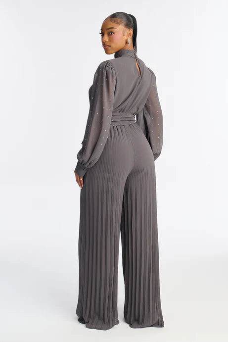 Combinaison à jambes larges à col simulé orné Monica - Gris