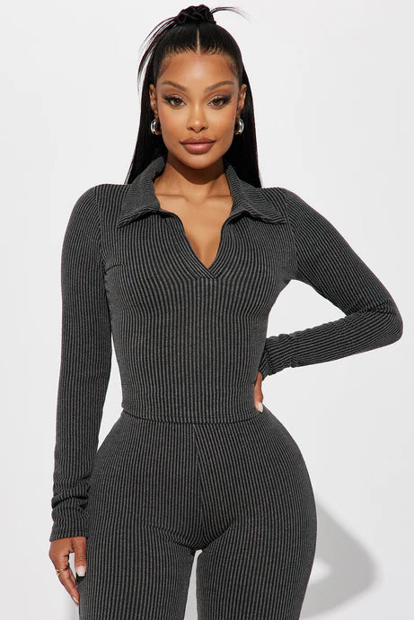 Ensemble à manches longues côtelés Josie - Charbon de bois