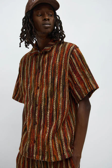 Chemise à manches courtes à col fermé en fil mélangé - Marron/combo