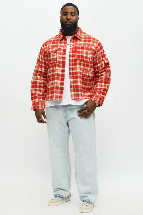 Bouton en flanelle de poche cargo recadrée - Rouge/combo