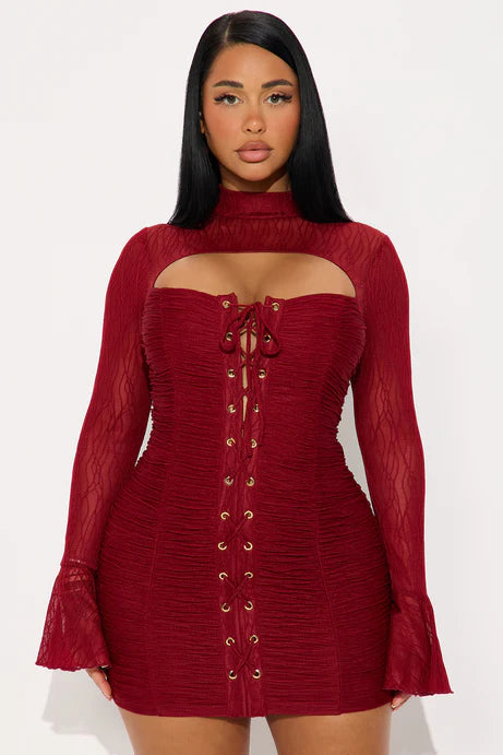 Mini-robe en maille à lacets Kaity - Vin