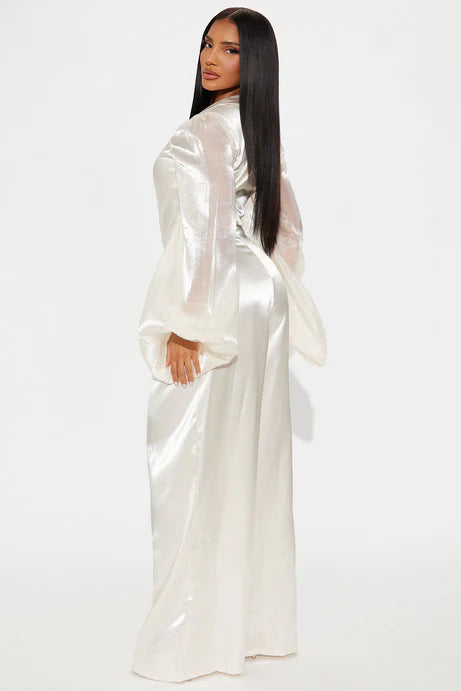 Combinaison à manches ballon en satin fantaisiste - Crème