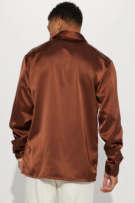 Chemise boutonnée en satin à manches longues Links - Chocolat