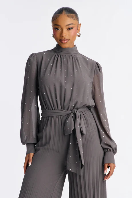 Combinaison à jambes larges à col simulé orné Monica - Gris