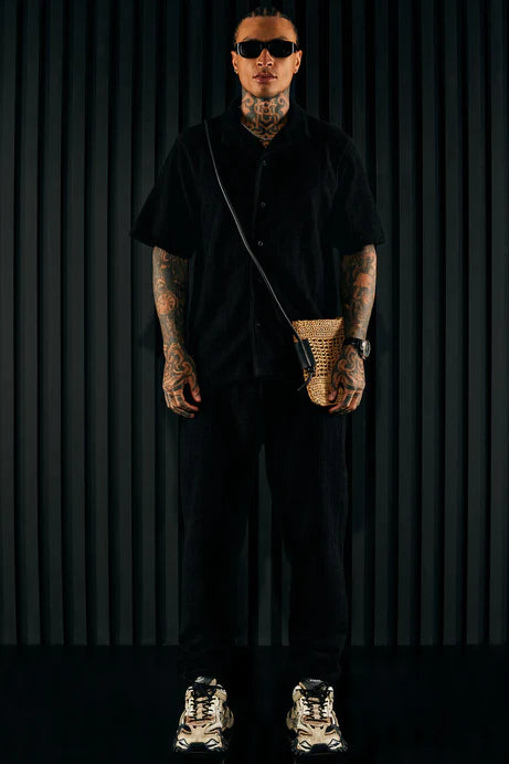 Chemise boutonnée à manches courtes texturée Dean - Noir