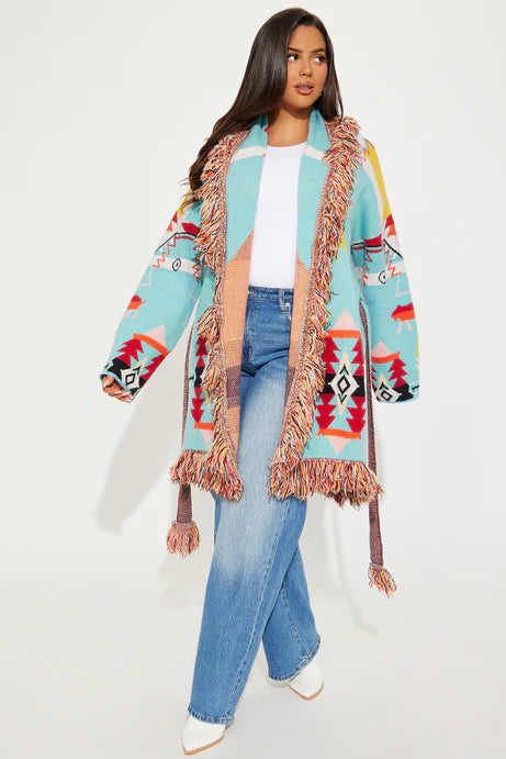 Cardigan à franges Western Day - Bleu/combo