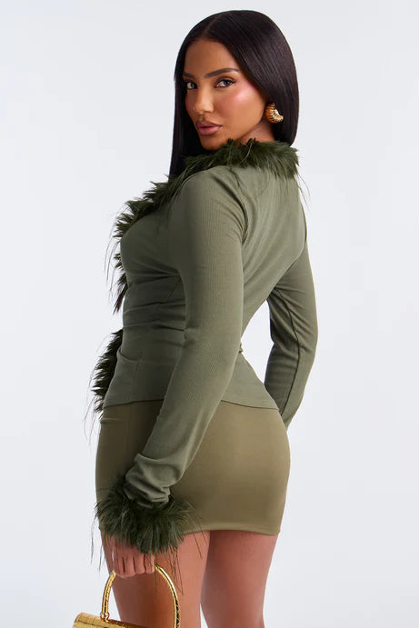 Haut à manches longues en fourrure Maude - Olive