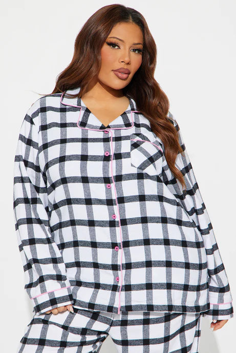 Ensemble de pantalon pyjama à manches longues en flanelle So Chill - Blanc/Noir