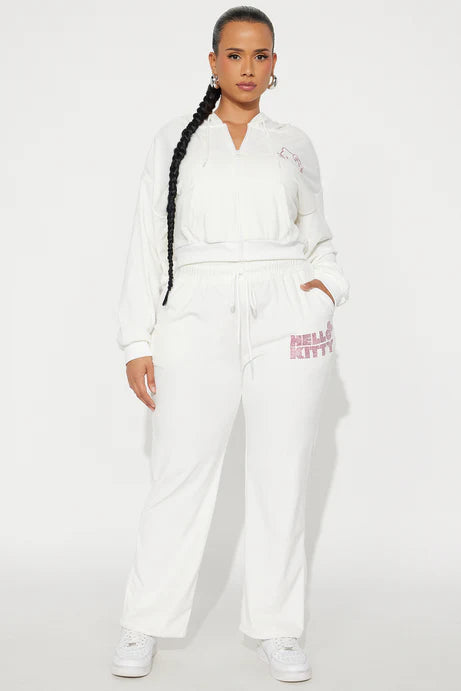 Sweat à capuche zippé en velours strass Hello Kitty - Blanc