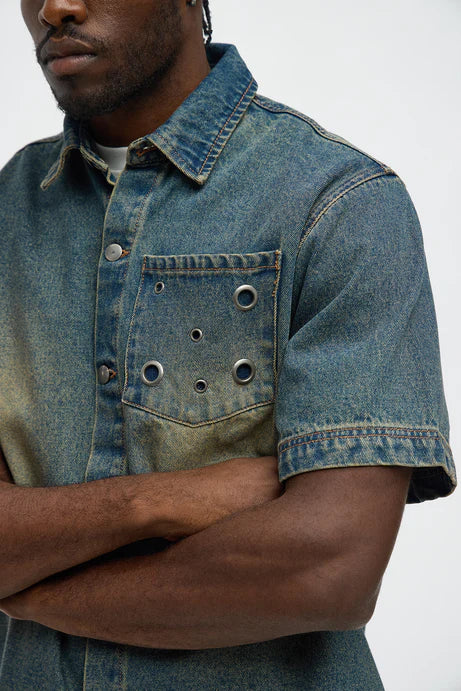 Chemise en jean boutonnée avec détails à œillets - Vintage Blue Wash