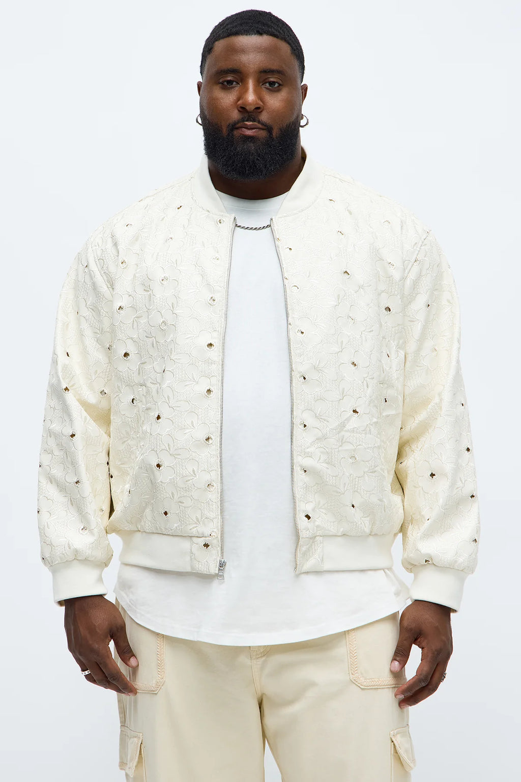 Blouson aviateur floral brodé en faux cuir décontracté - Blanc cassé